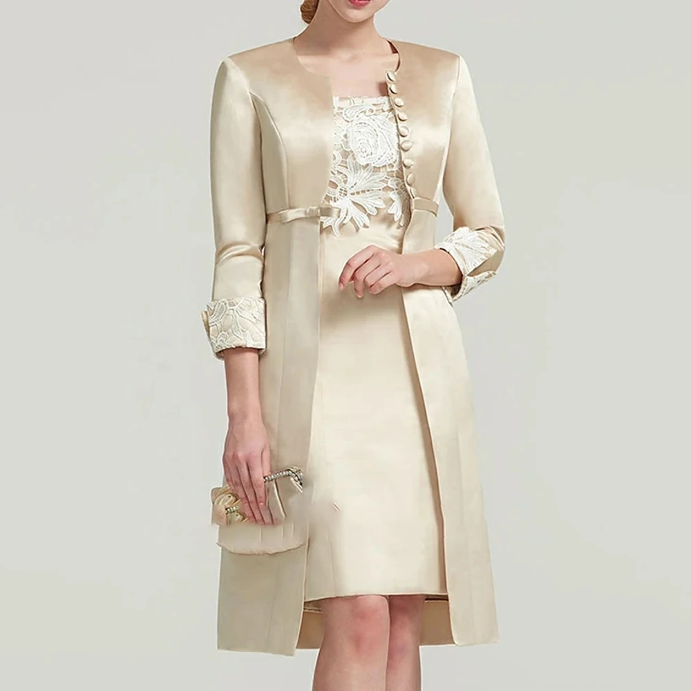 Kısa Anne Gelin/Damat Elbiseler Ceket Seti Şampanya 3/4 Kollu Kıyafet Vintage Örgün Düğün Törenlerinde
