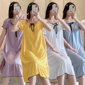2022 Yaz Kısa Kollu Seksi İç Çamaşırı Gecelikler Kadınlar için Moda Kore Sevimli Yay Pijama gece elbisesi Gecelik Ev Nighty