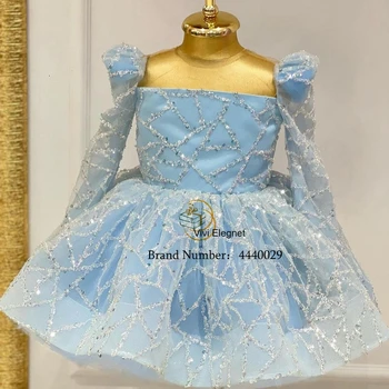 Kap Kollu Gök Mavisi Çiçek Kız Elbise Payetli Tam Kollu Organze Katmanlı 2023 Yaz Fermuar Geri فساتين اطفال للعيد Yaz