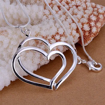P108 2015 düşük fiyat promosyon Gümüş renk takı çift kalp kolye kolye güzel sevgililer Günü hediye sıcak