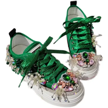Renkli Rhinestones Kadın Platformu Sneakers 2022 Yeşil Tuval Bling Kristal Gelin Düğün Ayakkabı Püskül Rahat vulkanize ayakkabı