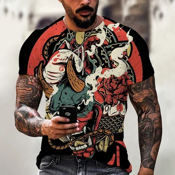 Vintage erkek T-shirt 3D Japon Samurai Baskı Kısa Kollu Üst Sokak Japon Tarzı T Shirt Erkek Giyim Büyük Boy Tees