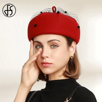 FS 100 % Yün Kadın Bereliler Sonbahar Kış Fransız Sanatçı Şapka Vintage Kızlar Ressam Şapka Bere Femme Kadın Sıcak Kap Peçe İle