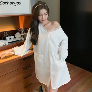 Beyaz Nightgowns Kadınlar Tasarım Dantel V Yaka Tek Göğüslü Mini Gecelik Seksi Pijama Nefes Uzun Kollu Sleepshirts Bayan