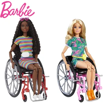 Barbie Fashionistas Bebek # 165 Tekerlekli Sandalye ve Uzun sarı saç #166 Kıvrımlı Esmer Saç Barbie Oyuncak Kız Hediye GRB93