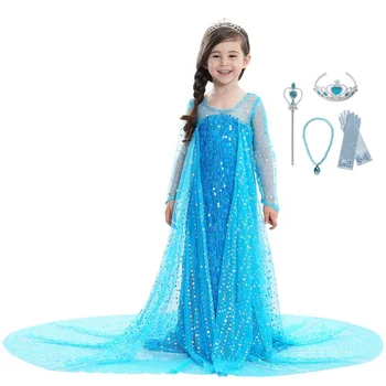 VOGUEON Sıcak Satış Kız Elsa Parti Elbise Çocuklar Pullu Deluxe Mavi Fantezi Prenses Kostüm Çocuk Pageant Parti Elbise ile Uzun Tren