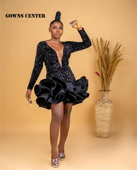 Siyah Pullu Uzun Kollu balo kıyafetleri Siyah Kızlar İçin Mini Kokteyl Elbiseleri Kadınlar İçin 2022 Homecoming Elbise Doğum Günü Partisi elbise