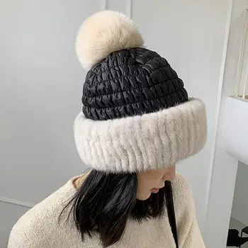 ZDFURS * 2021 Kış Yeni Stil Vizon Kürk Şapka Kapaklar Örgü Aşağı Tüy Kasketleri Tatlı Sıcak kulak koruyucu Kadın Skullies Tilki Topları