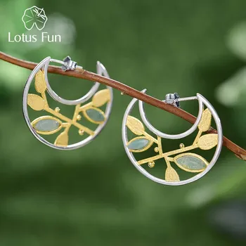 Lotus Eğlenceli Gerçek 925 Ayar Gümüş Doğal Taş El Yapımı Güzel Takı Bahar Hava Yapraklar Hoop Küpe Kadınlar için hediye