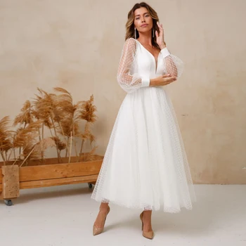 Basit Nokta Tül kısa düğün elbisesi Uzun Kollu V Boyun Zarif Çay Boyu gelin kıyafeti Kadın Zip Geri 2022 Robe De Soriee