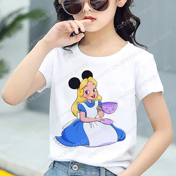 Yeni Disney Prenses T-Shirt Çocuk Alice İn Wonderland Kız Anime Kawaii Çocuk Çizgi Film T Shirt günlük kıyafetler Erkek Kısa Kollu