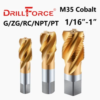 Drillforce Kobalt Boru Vida Konu Dokunun matkap uçları HSSCO M35 Spiral Flüt Araçları Paslanmaz Çelik G/ZG/RC/NPT/PT 1/16 