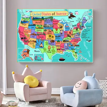 Modern Karikatür Dünya Haritası Amerika Çocuk Haritaları Tuval Boyama Duvar Sanatı Posterler ve Baskılar Oturma Odası Ev Dekor ıçin Cuadros
