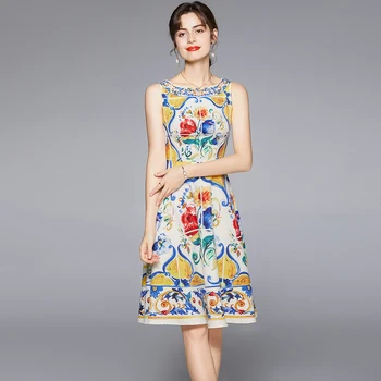 2021 Yaz Pist Boho Elbise Kadın Spagetti Kayışı Bohemian Mavi ve beyaz porselen Çiçek baskı Zarif Midi Elbise N78873
