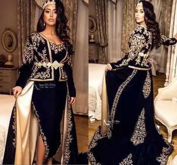 Lacivert Kaftan Kaftan Akşam resmi elbiseler Üzerinde Etek 2020 Uzun Kollu Altın Dantel Aplike Peplum Arapça Balo Abiye
