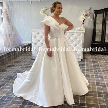 Bir Omuz Kabarık düğün elbisesi Plise Saten Artı Boyutu Balo gelin elbiseleri Fermuar Düğmeleri İle Geri Basit Vestidos