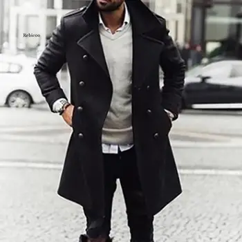 Erkekler Yün Ceket Kış Moda Kruvaze Siyah Gençlik Yün Ceket Erkek Uzun Kollu Yaka Palto Hırka Dış Giyim Tops