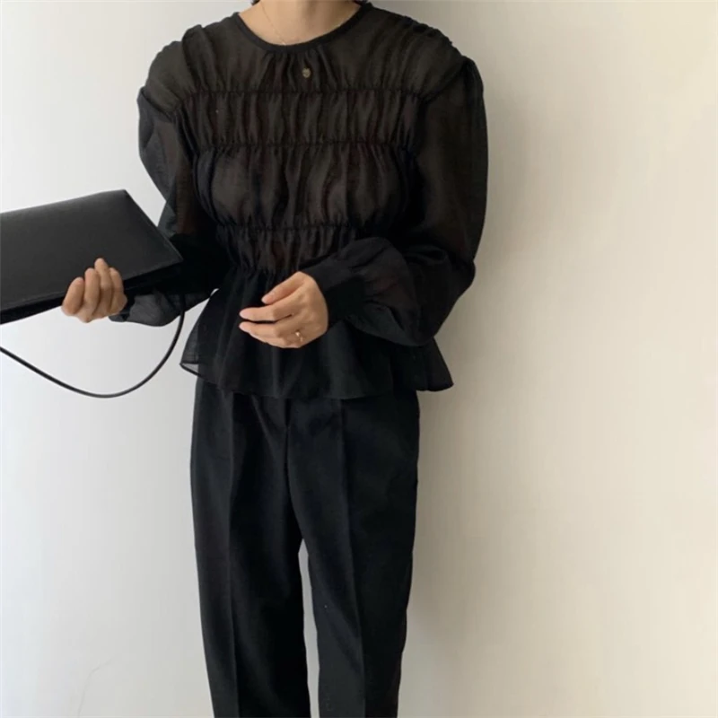 2023 Bahar Blusa O-Boyun Puf Uzun Kollu Bluz Kore Ins Katı Pilili Tasarım Perspektif Yaz Gömlek moda Giyim 11357