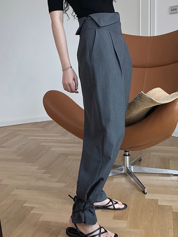 [EEM] Yüksek Bel Gri Pilili Uzun Geniş Bacak günlük pantolon Yeni Gevşek Fit Pantolon Kadın Moda Gelgit Bahar Sonbahar 2023 1DE0926