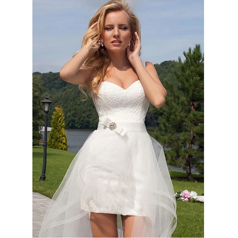 Eightree Ayrılabilir Tren Plaj Mini düğün elbisesi Şeffaf Sevgiliye Boyun Backless Kısa etek vestido De Novia Dantel gelinlikler
