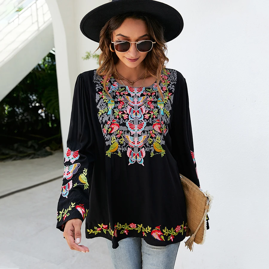 KHALEE YOSE Boho Nakış Bluzlar Gömlek Bahar Sonbahar Kadın Meksika Gömlek Vintage Uzun Kollu 23xl Siyah Rahat Etnik Üst