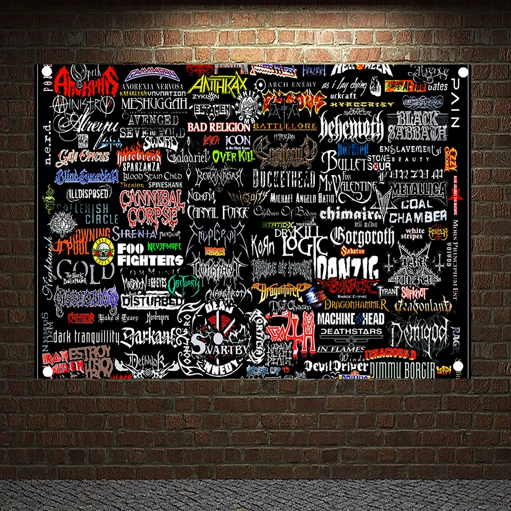 Rock and Roll Grubu LOGO Koleksiyonu Hediyeler Ağır Metal Müzik Posterler Kumaş Bayrakları ve Pankartlar 4 Delik Asmak Bez Duvar Sanatı Ev Dekor
