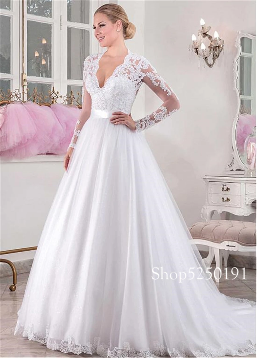 Şık Tül V Yaka Yaka Doğal Bel A-line Uzun Kollu düğün elbisesi Boncuklu Dantel Aplikler Yay Gelin Elbise