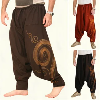 Vintage Erkekler Harem Elastik günlük dökümlü pantolon İpli Yoga harem pantolon Hip-Hop Erkekler Çingene Pamuk Keten Geniş bacaklı Gevşek Pantolon