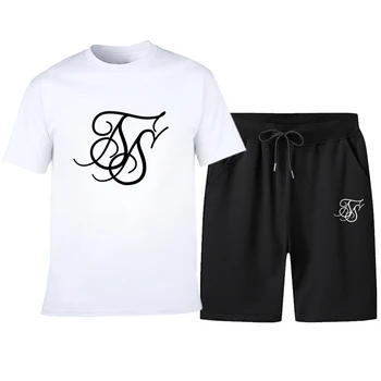 SİK İPEK Basit erkek Yuvarlak Boyun Takım Elbise Yaz İş Rahat Günlük T-Shirt + Şort Moda Spor Yüksek Kalite 2 Parça Set