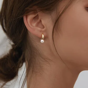LIVVY Yeni Trend Kore Tarzı Gümüş Renk Basit Inci Kulak Toka Hoop Küpe Kadınlar Için Güzel Elegance Takı Hediyeler
