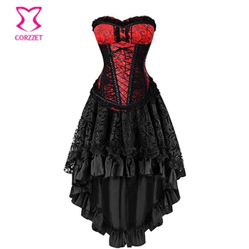 Kadın Victoria Kırmızı / Siyah Brokar ve Dantel Overbust Steampunk Korse Elbise Burlesque Parti Masquerade Gotik Korse Etek Setleri