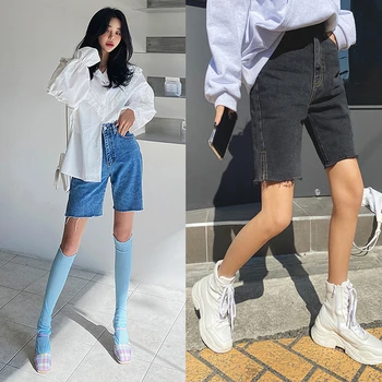Retro yüksek belli ince kısa kot pantolon bölünmüş ham kenarları düz beş noktalı pantolon 2021 yaz Kore moda kadın giyim