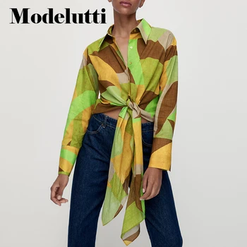 Modelutti 2022 Yeni Bahar Sonbahar Moda Uzun Kollu Yaka Geometri Baskı Gömlek Kadın Bağlama Bluzlar Basit Casual Tops Kadın