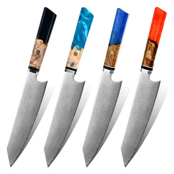 Düşük MOQ Ultra keskin 67 Katmanlar mutfak şam çelik şef bıçağı reçine sekizgen saplı