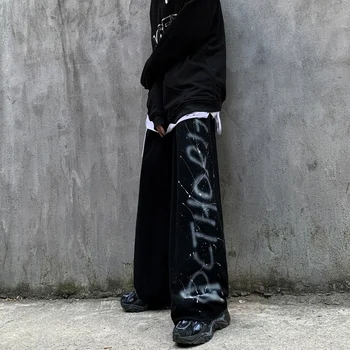 HOUZHOU Harajuku Goth Siyah Geniş Bacak Pantolon Kadın Gotik Streetwear Graffiti Baskı Büyük Boy Pantolon Kpop Joggers Sweatpants