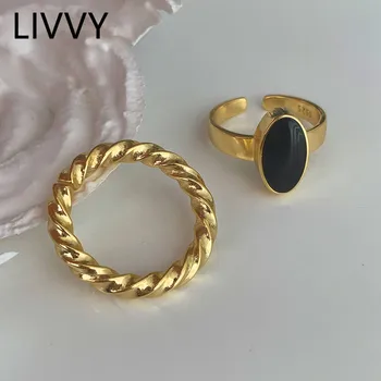 LIVVY Yeni Moda Tasarım Basit Büküm Siyah Oval Ayarlanabilir Yüzük Kızlar İçin Moda High-end Trend Klasik Takı Aksesuarları
