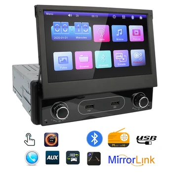 Araba Radyo 1 Din Multimedya Oynatıcı 2-USB Bağlantı Noktası Ayna Bağlantı Bluetooth Evrensel 7 İnç FM Alıcı AUX Girişi Geri Çekilebilir Ekran