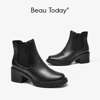 BeauToday yarım çizmeler Kadın İnek Deri Yüksek Topuk Chelsea Çizmeler Elastik Bant Üzerinde Kayma Bayanlar Ayakkabı El Yapımı 03900