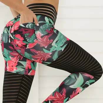 2020 Seksi Dantel Dikiş Baskı Tayt Kadınlar Cep egzersiz kıyafetleri Push Up Patchwork Spor Legging Kadın Elastik ince pantolon