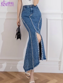 TIYIHAILEY 2022 Yeni Moda Ücretsiz Kargo Moda Denim Bahar Balık Kuyruğu S-XL Uzun Maxi Etekler Kadın Kot Boncuklu Düzensiz Yarık