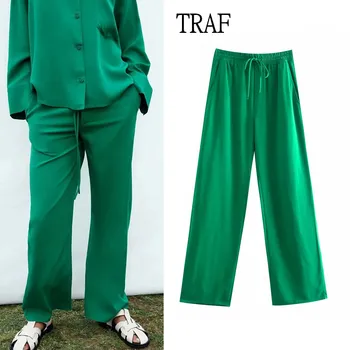 TRAF Kadın Pantolon 2022 Yaz Yeşil Kadın Giyim Pantolon Kadın Elastik Yüksek Bel Geniş Bacak Şık Cep Y2k Gevşek Kadın Pantolon