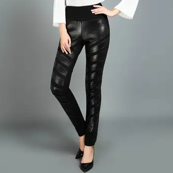 2020 Kış moda kadın hakiki deri pantolon yüksek bel rahat Koyun derisi pantolon kadın siyah Streç kalem pantolon L1590