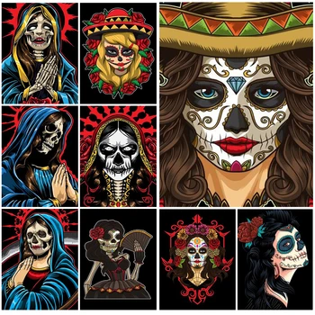 Meksika Ölü Face Kız İskandinav Poster Kafatası Iblis duvar sanatı tuval yağlıboya Duvar Resimleri Için Oturma Odası Çerçevesiz