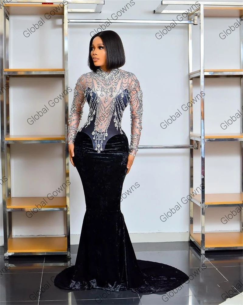 2022 Dubai Siyah Kadife Lüks Mermaid Akşam Elbise Boncuklu Kristal Elmas doğum günü partisi elbiseleri Nijerya Vestidos De Gala