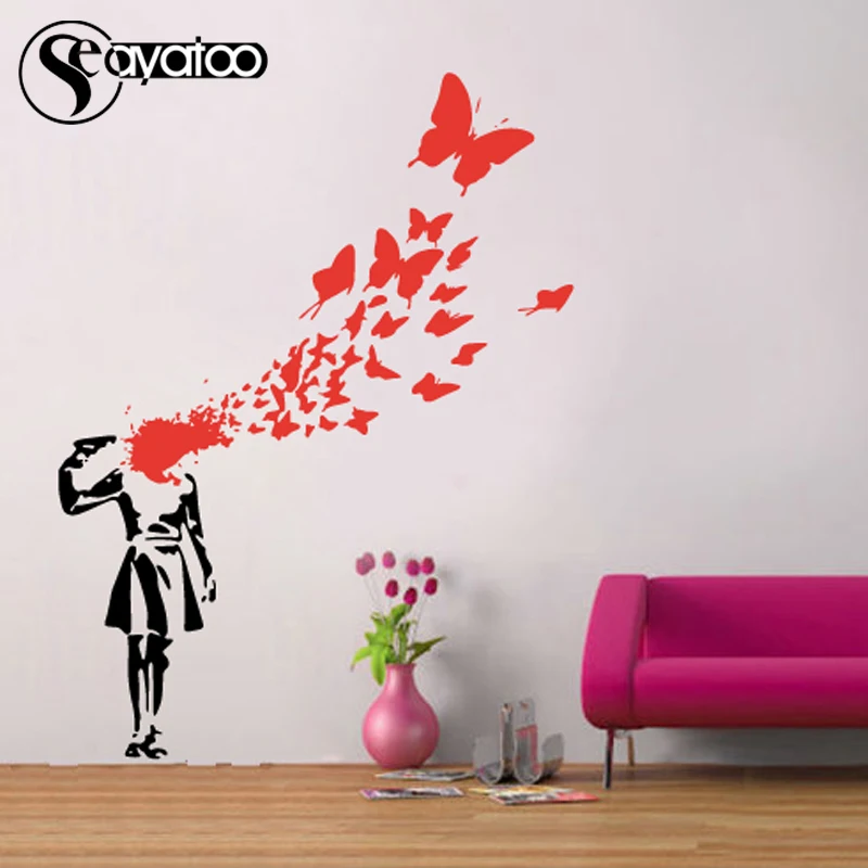 Banksy İntihar Kız Öldürmek Kelebek Kan Sanat Duvar Sticker Çıkartması Yatak Odası Ev Dekor 80x106 cm