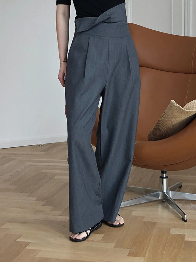 [EEM] Yüksek Bel Gri Pilili Uzun Geniş Bacak günlük pantolon Yeni Gevşek Fit Pantolon Kadın Moda Gelgit Bahar Sonbahar 2023 1DE0926