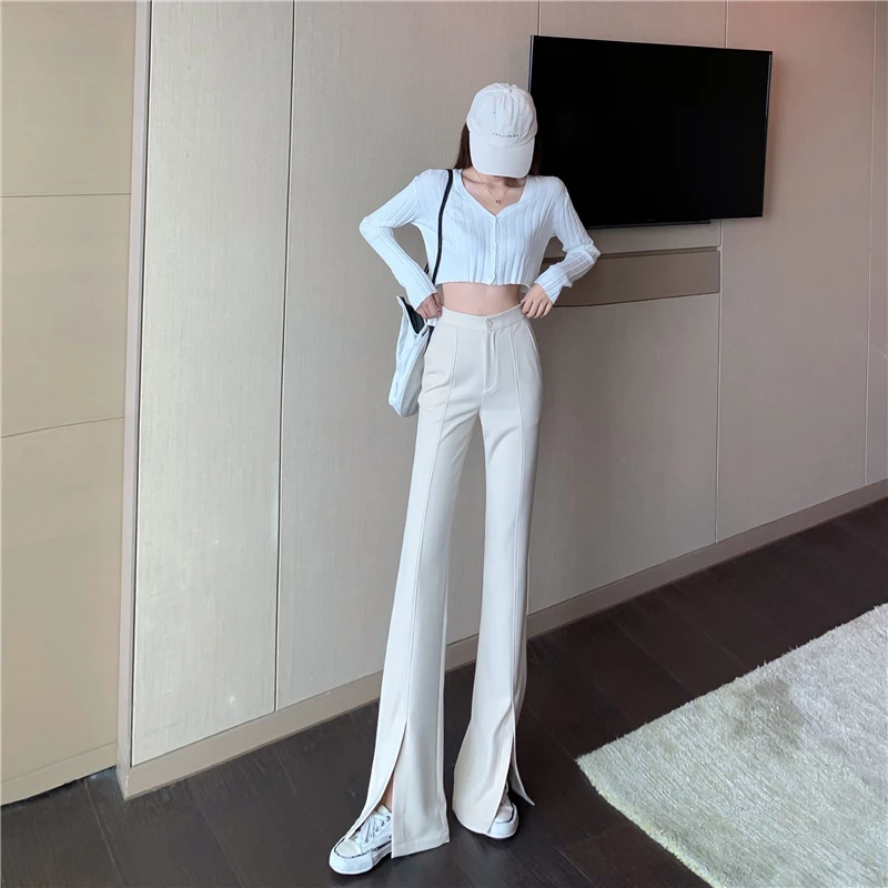 Flare Pantolon Hem Bölünmüş siyah pantolon Kadın Moda 2021 Harajuku Yüksek Bel Kore Kat Uzunluk Pantolon Kadın Pantolon