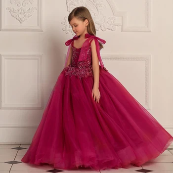 2023 Çiçek Kız Elbise Düğün için V Boyun Kolsuz Köpüklü Boncuk Balo İlk Communion Elbise doğum günü partisi elbisesi