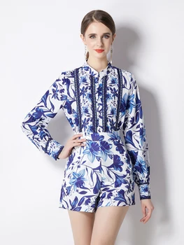 Moda Pist Tasarımcısı Yaz Şort Takım Elbise kadın Standı Boyun Fener Kollu Çiçek Baskı Üst ve Mavi Şort 2 İki Parçalı Set
