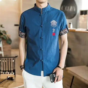 Çin Gömlek 2020 Haber Yaz Nakış Tangsuit Wushu Erkek Giysileri Vintage Tarzı Geleneksel Çin Giyim Erkekler için